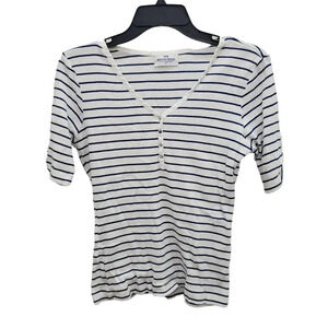 Princess Cruises Women's White Navy Stripe Ribbed Roll Sleeve Knit Henley Top‎ M
